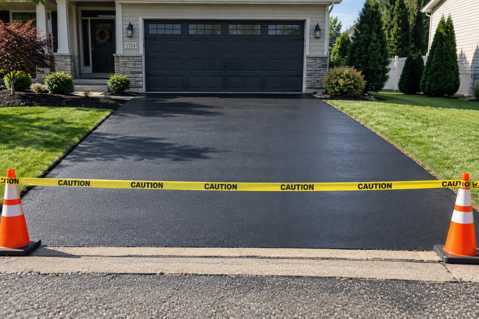 Illustration of sealcoating being applied to a residential driveway, shown with a Hester Asphalt-branded truck