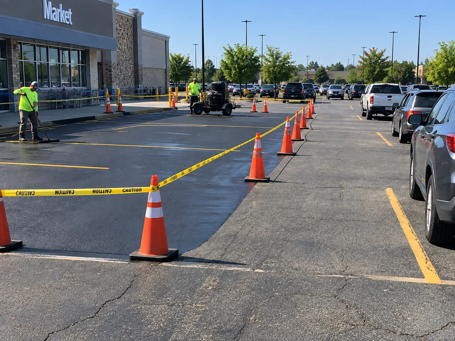 Hester Asphalt crew member sealcoating a sectioned-off commercial lot while the business stays open
