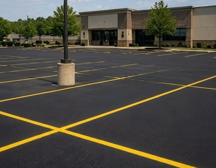 Commercial parking lot, deep black surface with fresh yellow striping